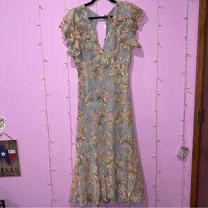 ASTR the Label Floral Ruffle V-Neck Midi Dress - Pale Blue